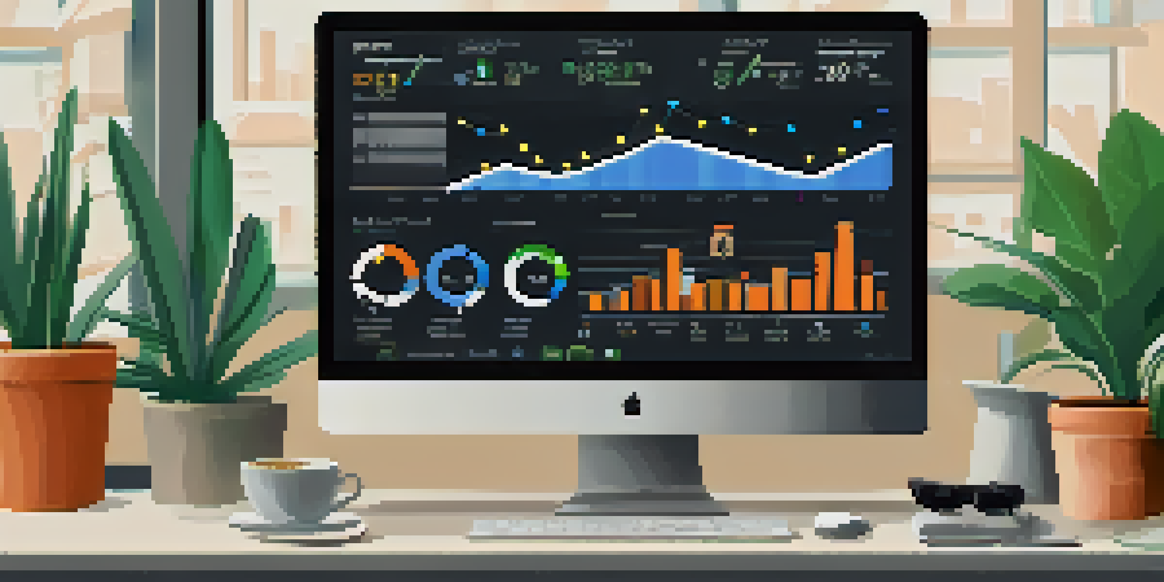 A computer screen showing an SEO analytics dashboard with colorful graphs and charts in a bright workspace.