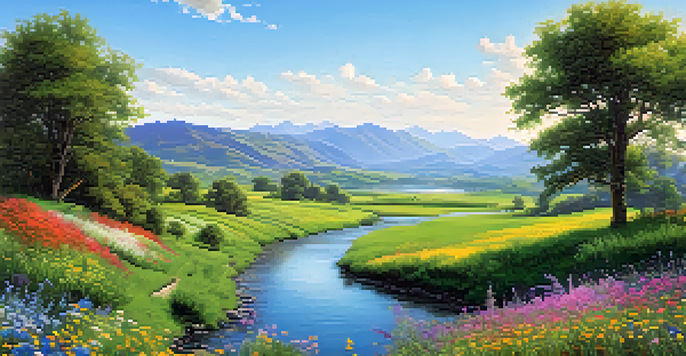 A peaceful green valley with a winding river and colorful wildflowers, under a bright blue sky and distant mountains.