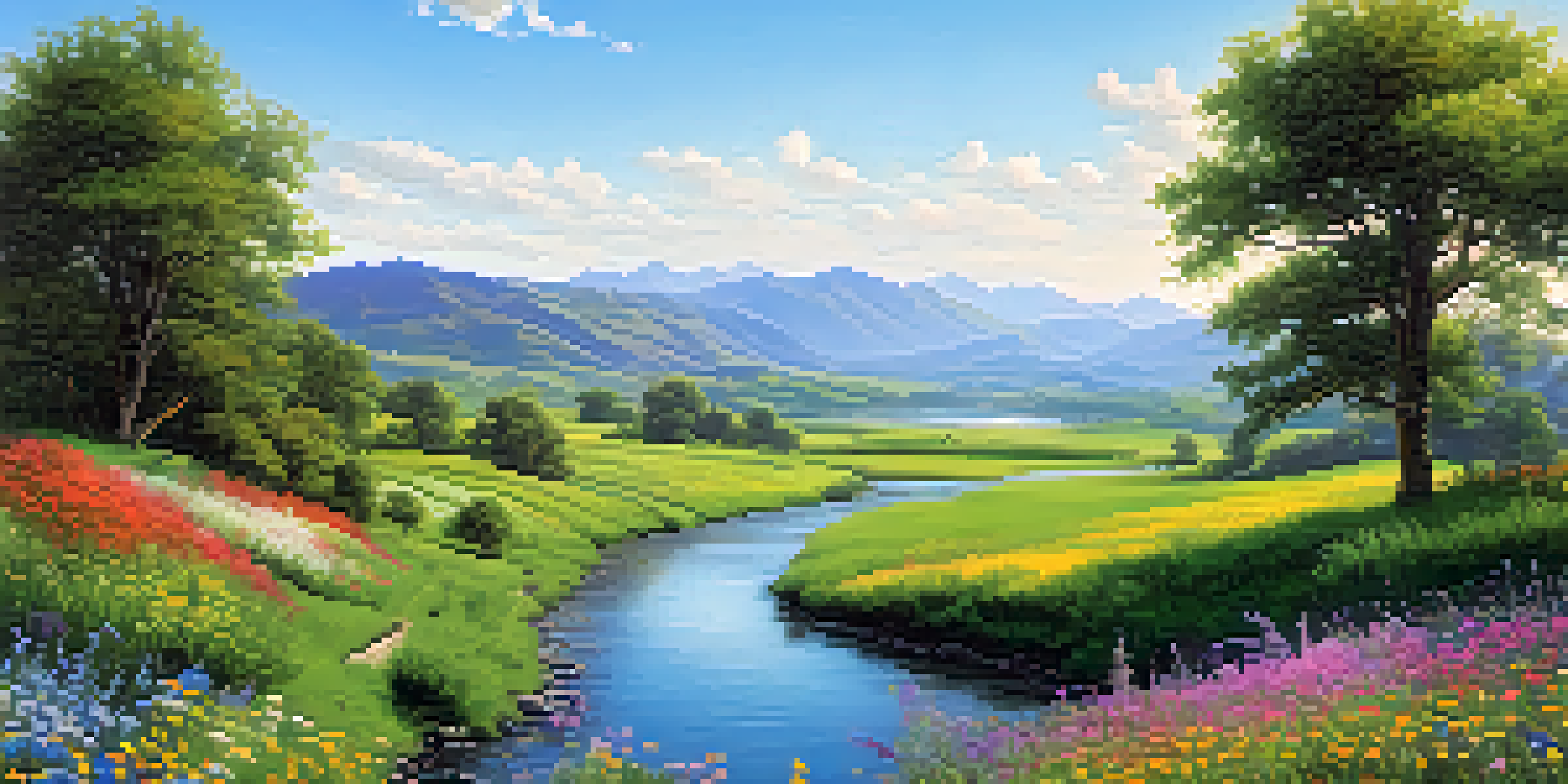 A peaceful green valley with a winding river and colorful wildflowers, under a bright blue sky and distant mountains.