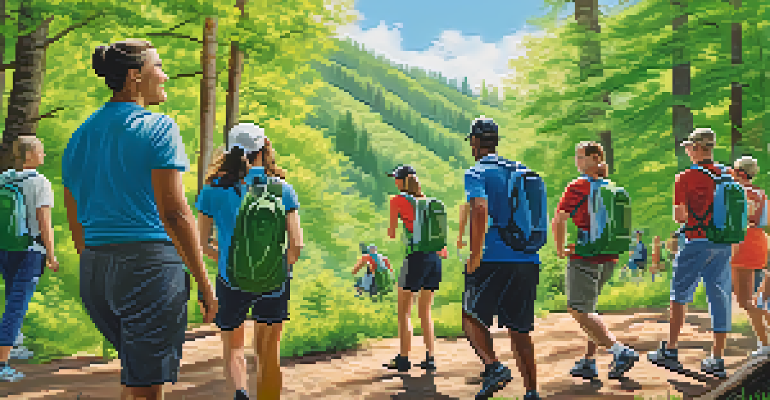 Employees enjoying a group hike in a beautiful natural environment.