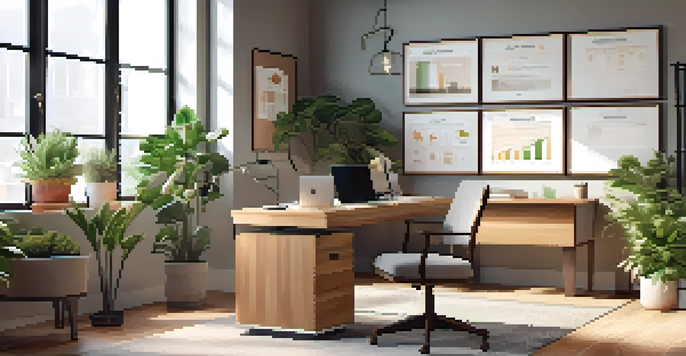 A bright and inviting modern office space with a wooden desk, laptop, and financial reports, illuminated by natural light from a large window.