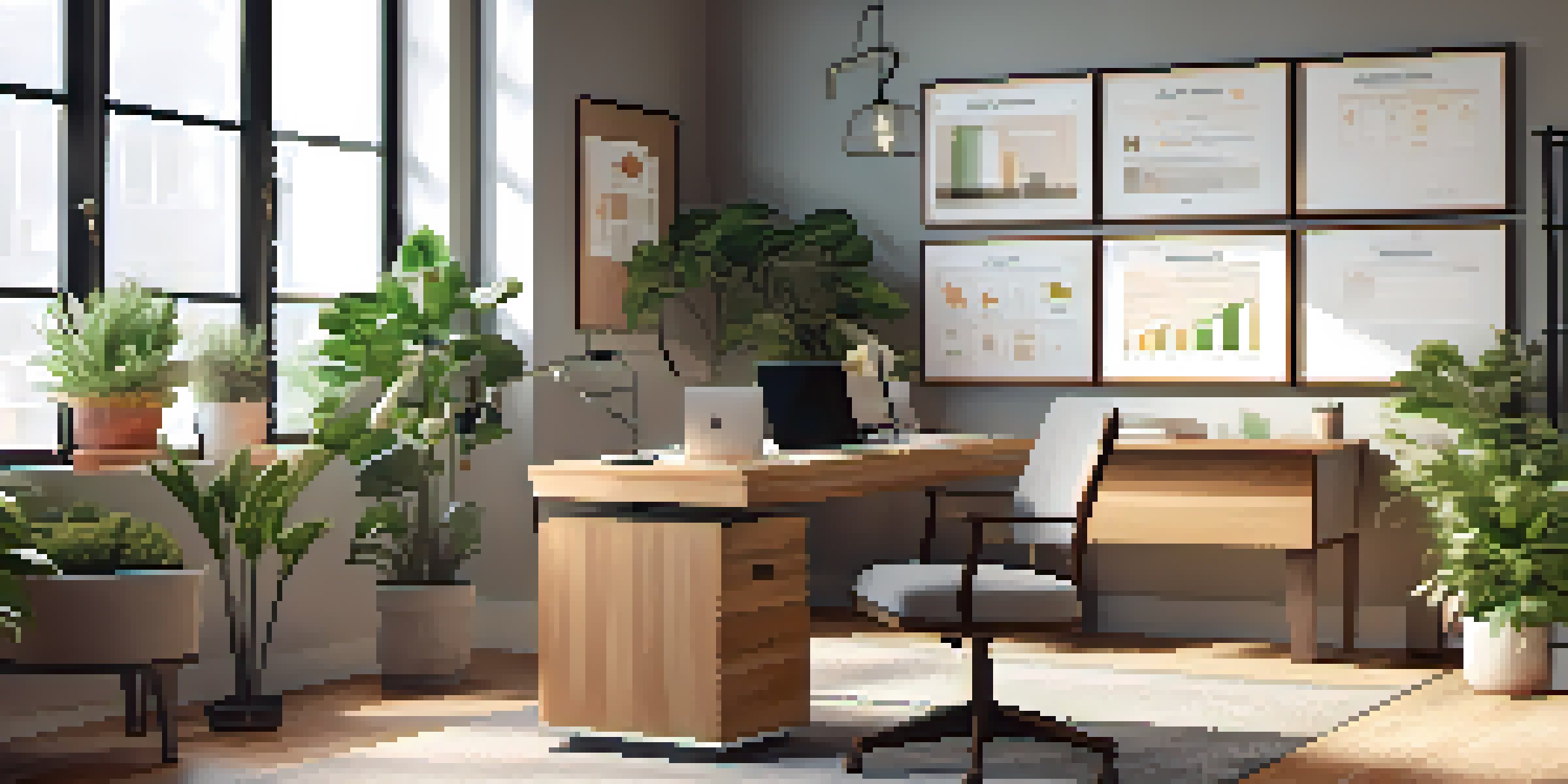A bright and inviting modern office space with a wooden desk, laptop, and financial reports, illuminated by natural light from a large window.
