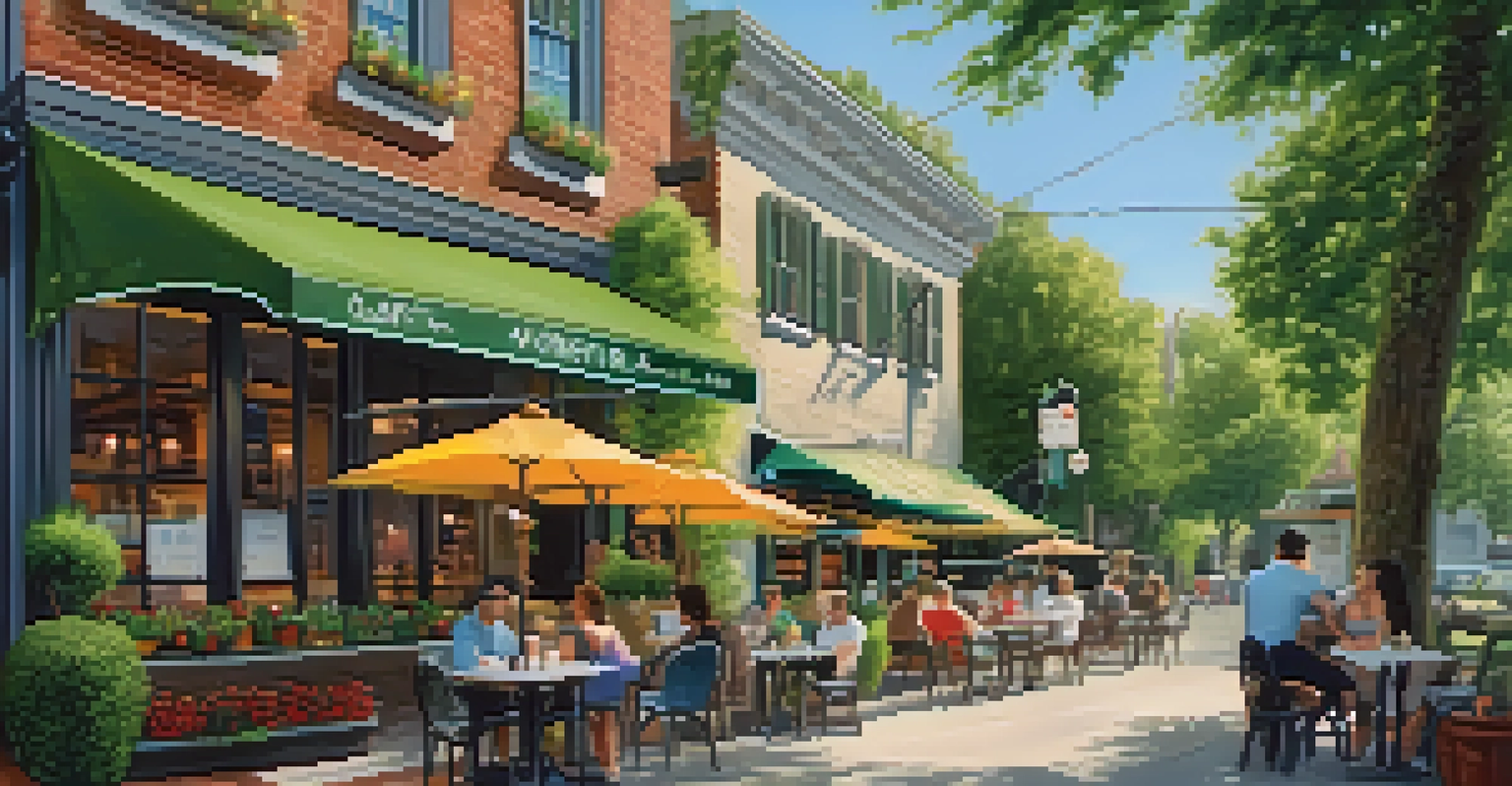 A charming outdoor café scene with colorful seating, a chalkboard menu, and people enjoying their time in a green, sunny environment.