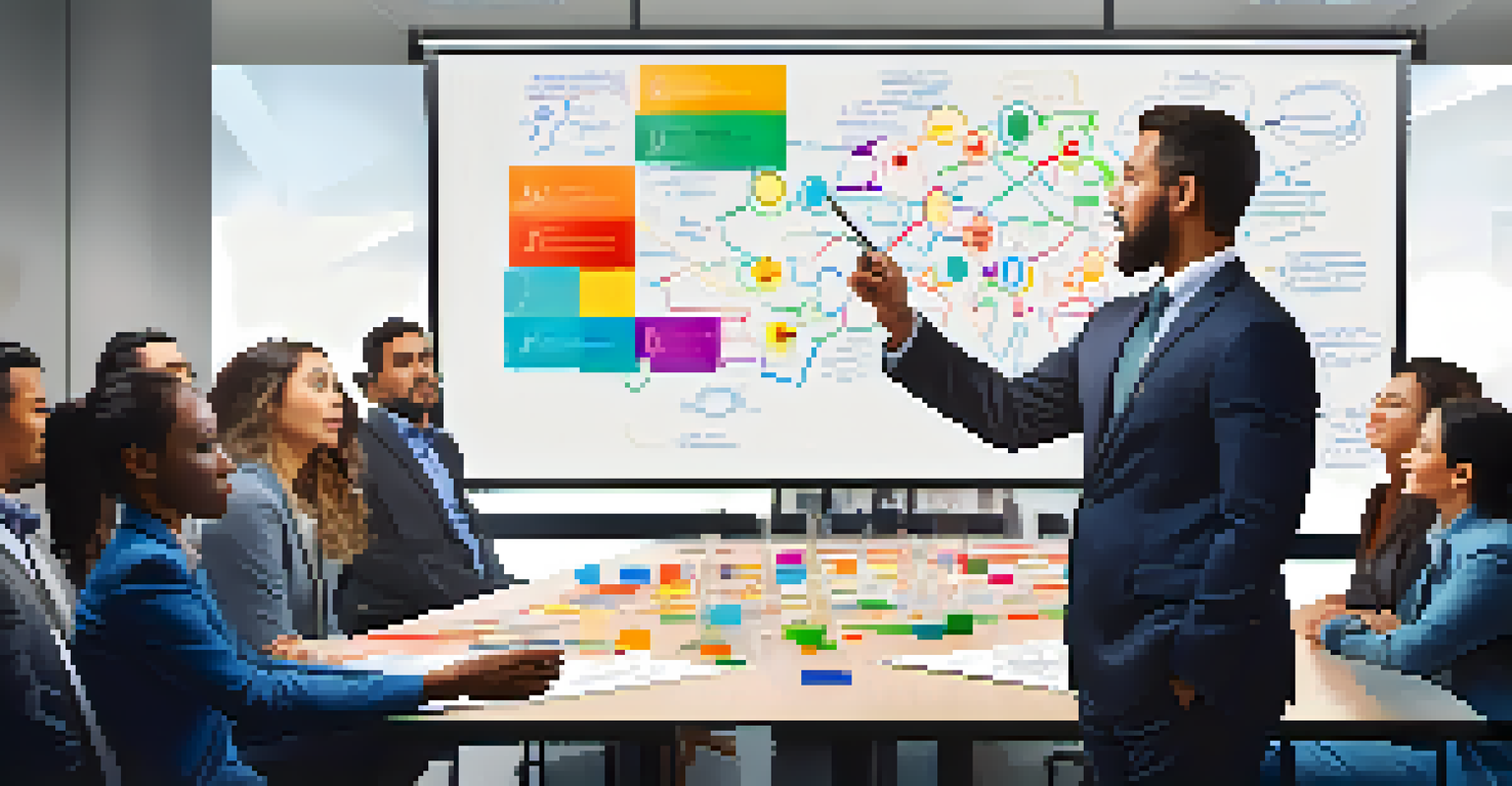 A leader presenting a vision to a team in a modern conference room with diagrams on a whiteboard.
