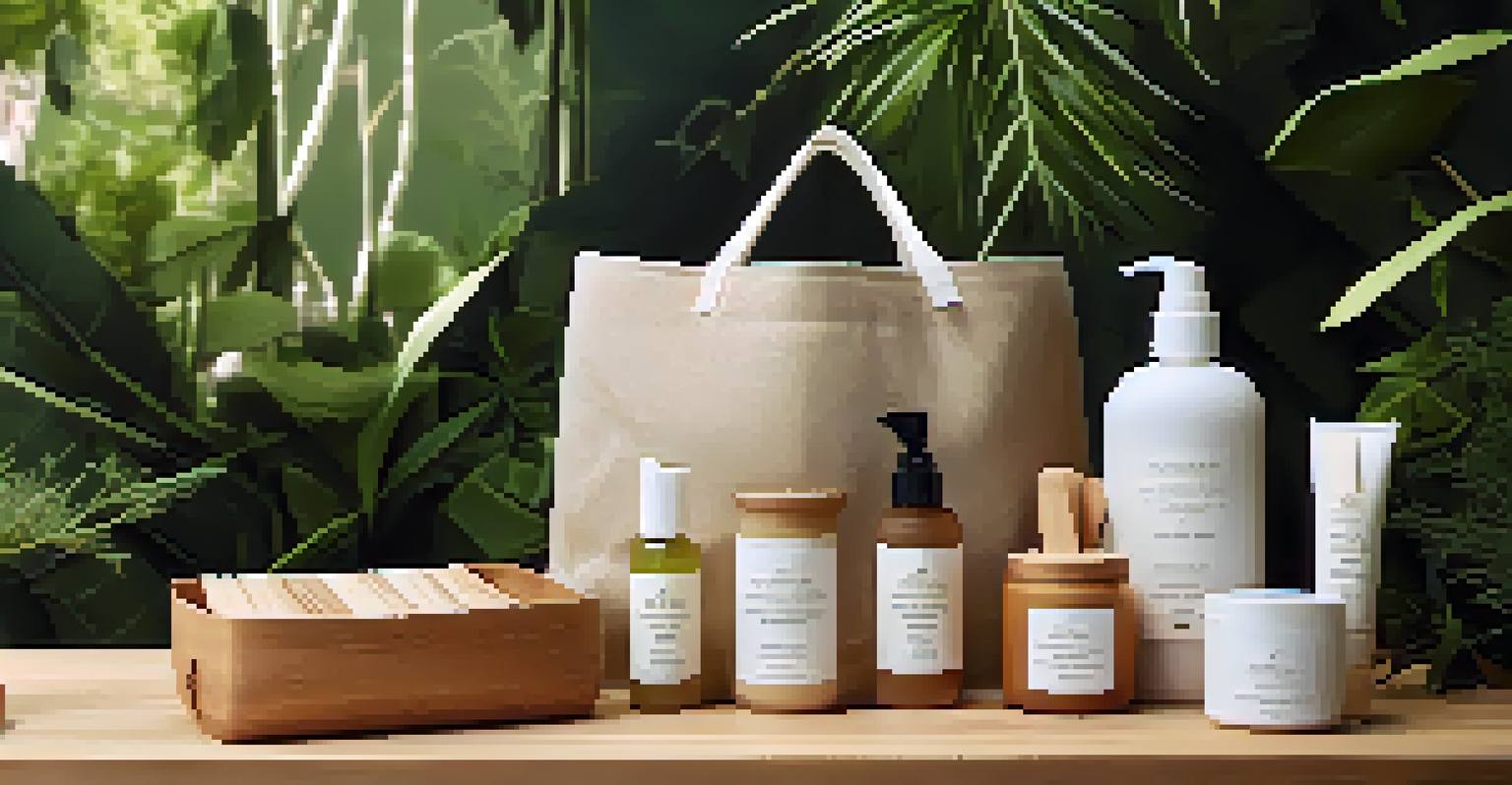 A close-up view of eco-friendly products displayed on a wooden table, surrounded by greenery, emphasizing sustainability.