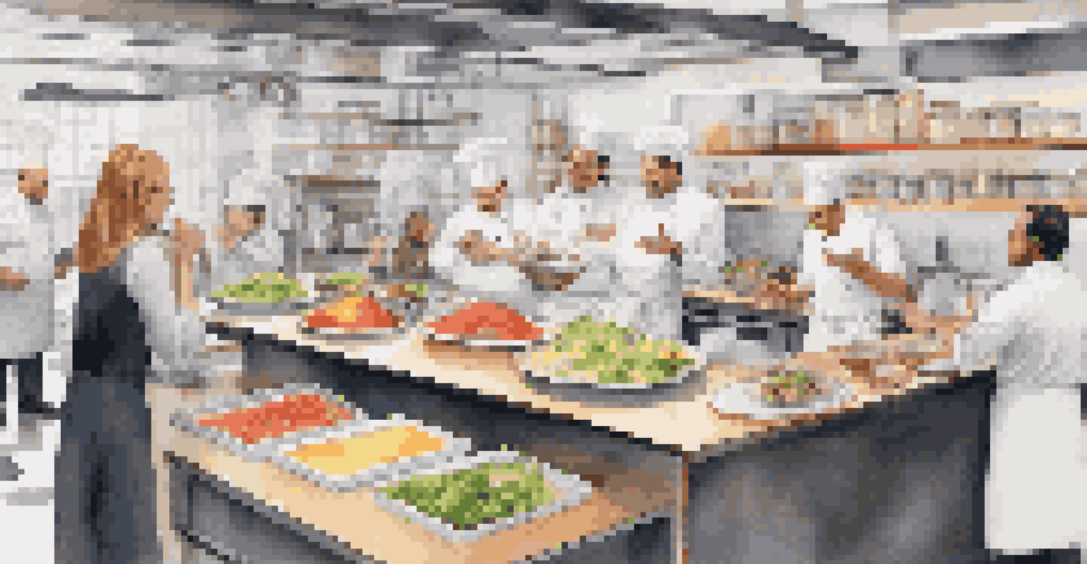 A chef demonstrating cooking techniques in a modern kitchen store, with engaged customers watching and bright kitchenware surrounding them.