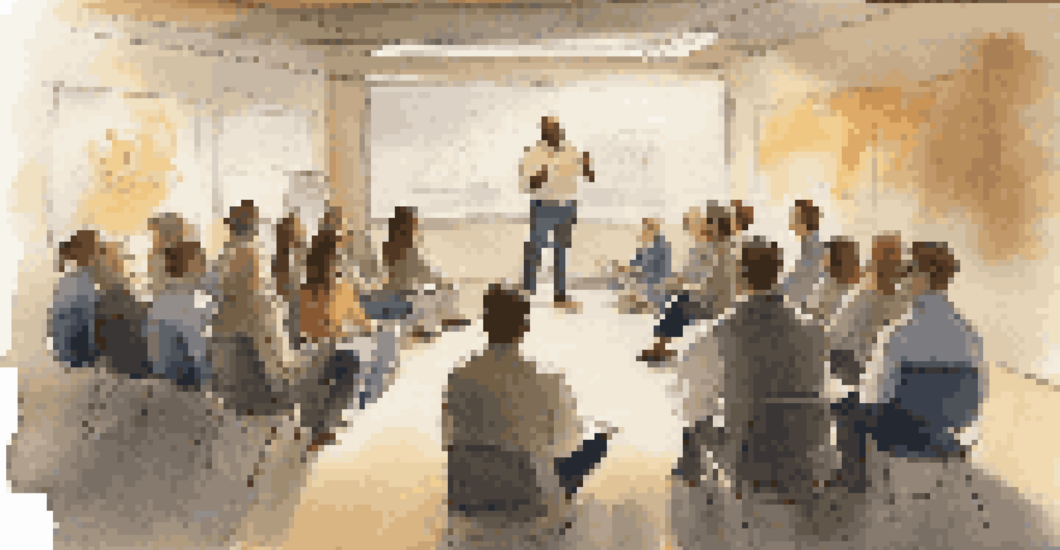A leader engaging their team through storytelling during a workshop, with members captivated and taking notes in a warm, inviting environment.
