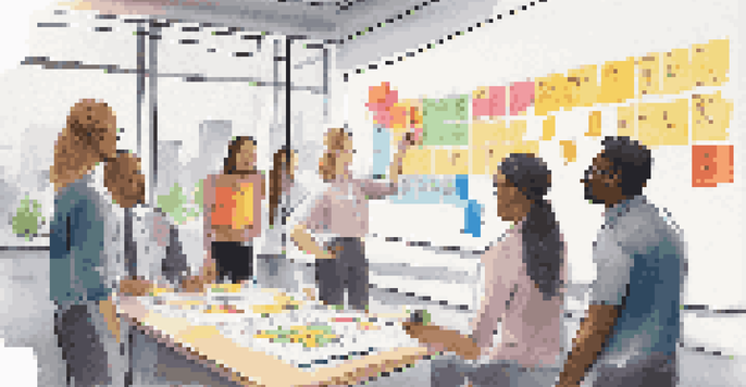 A diverse group of people gathered around a whiteboard covered in colorful sticky notes and a Business Model Canvas, engaged in brainstorming.