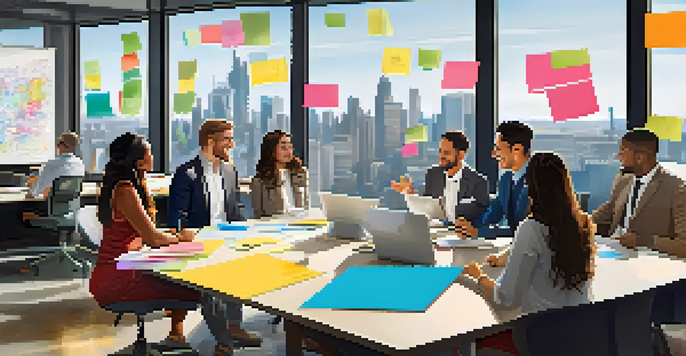 A diverse group of employees in a bright office engaged in a brainstorming session with a whiteboard full of notes.