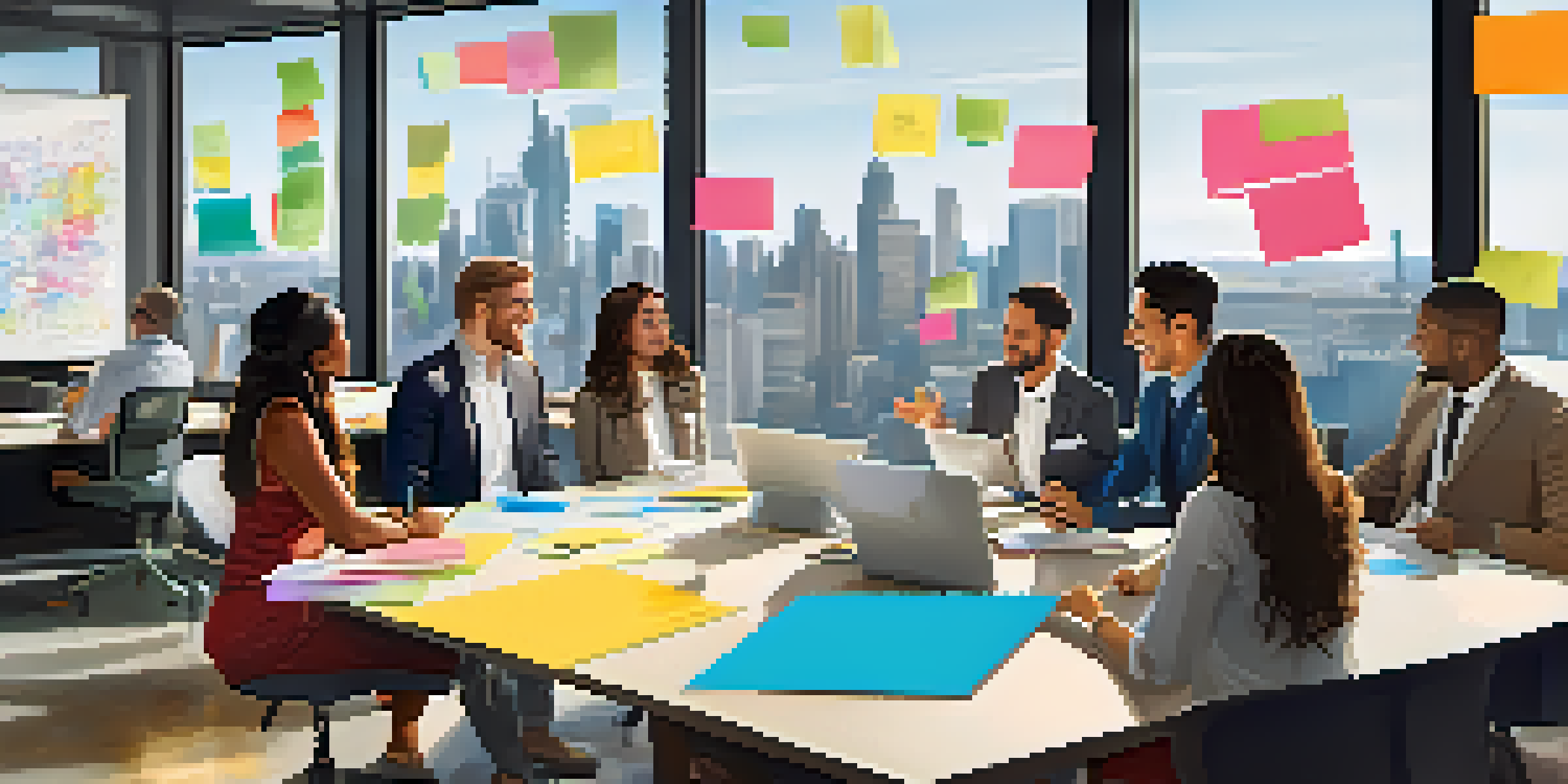 A diverse group of employees in a bright office engaged in a brainstorming session with a whiteboard full of notes.