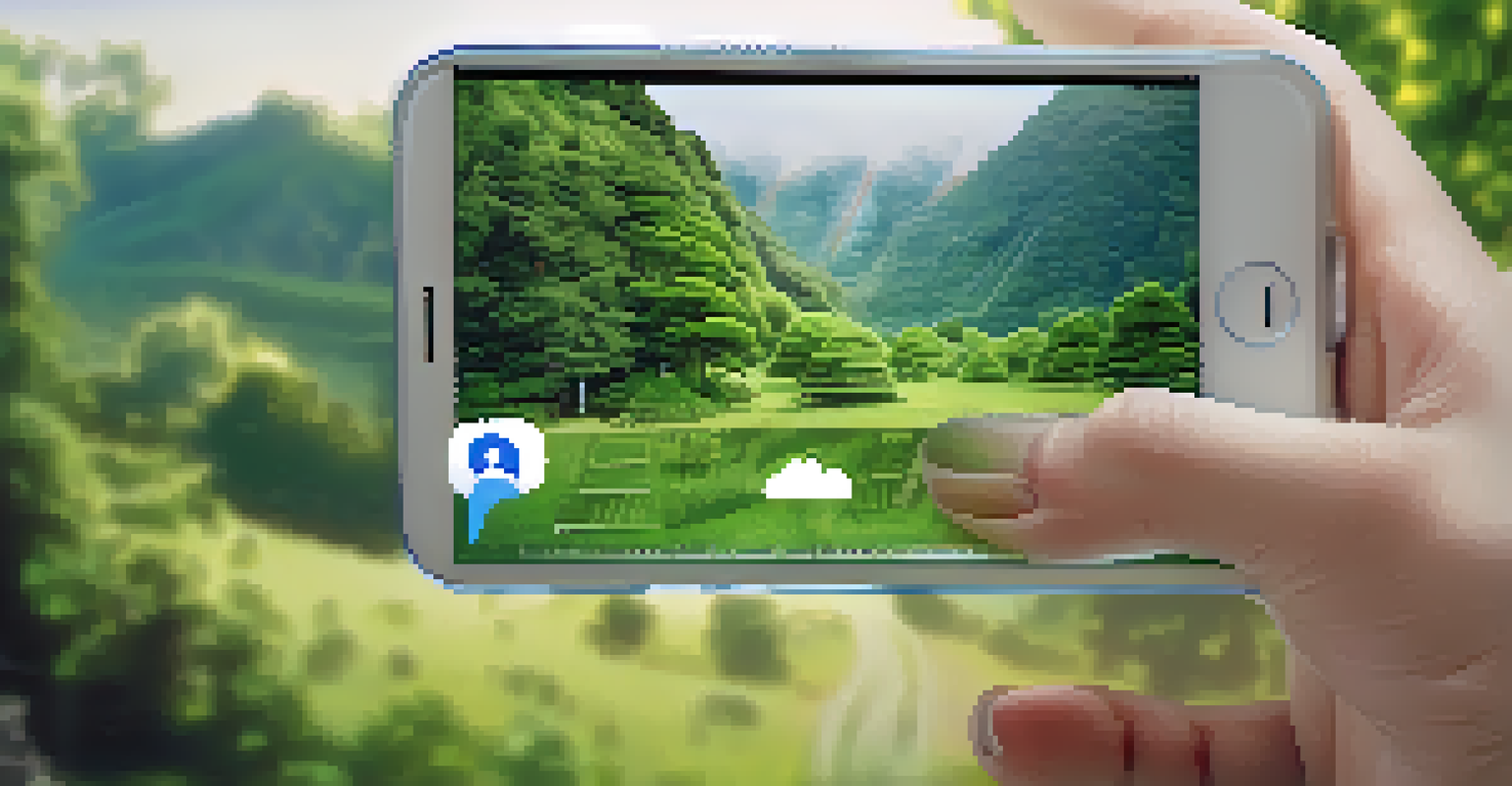 A close-up of a hand holding a smartphone showing a brand's social media page focused on sustainability and ethical practices, with greenery in the background.