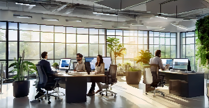 A diverse group of professionals working together in a modern office, analyzing customer data on large screens.