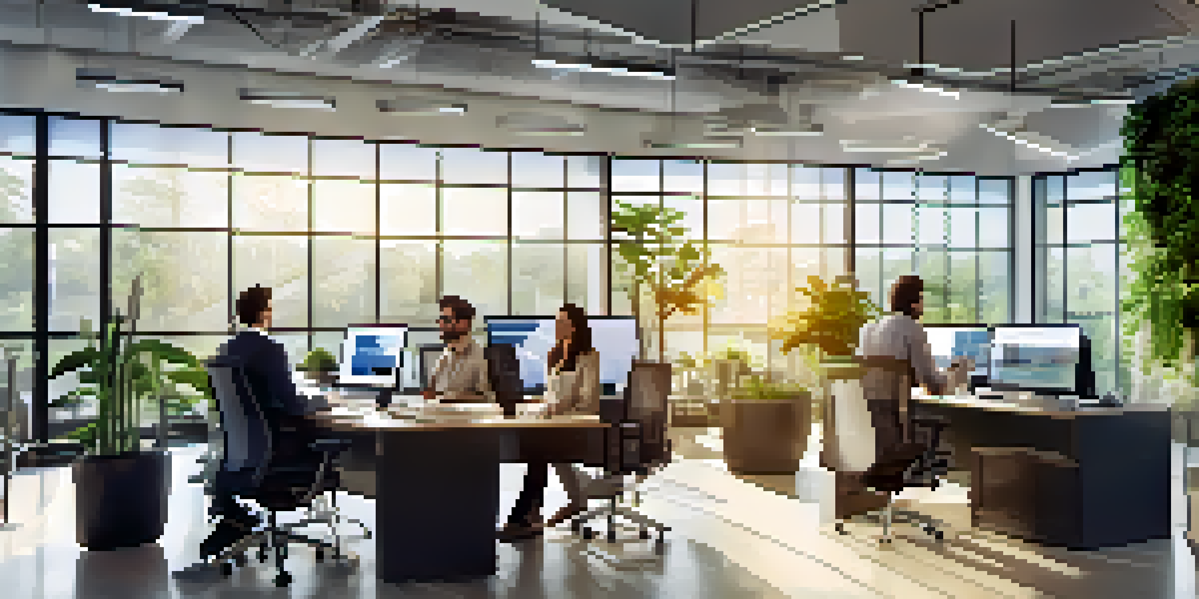 A diverse group of professionals working together in a modern office, analyzing customer data on large screens.