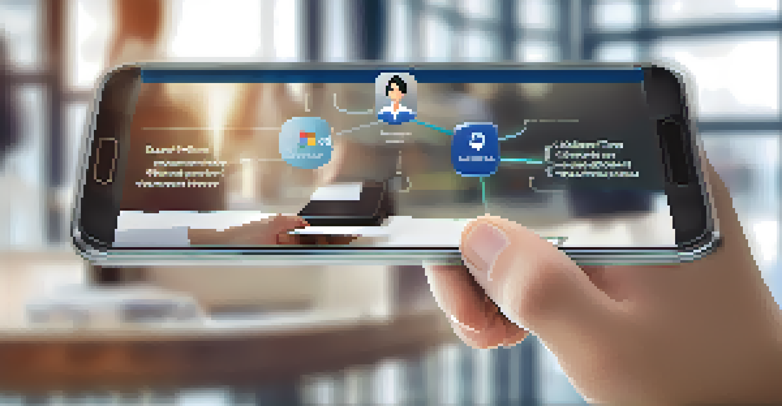 A hand holding a smartphone with a CRM app displaying sales data, set against a blurred office background.