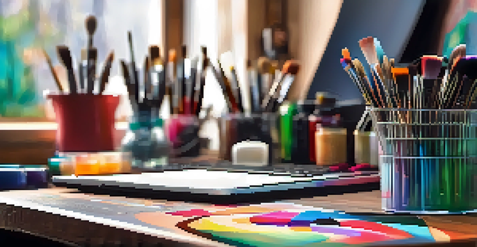 A close-up view of a digital artist's workspace with colorful paints and a graphic tablet showing artwork.