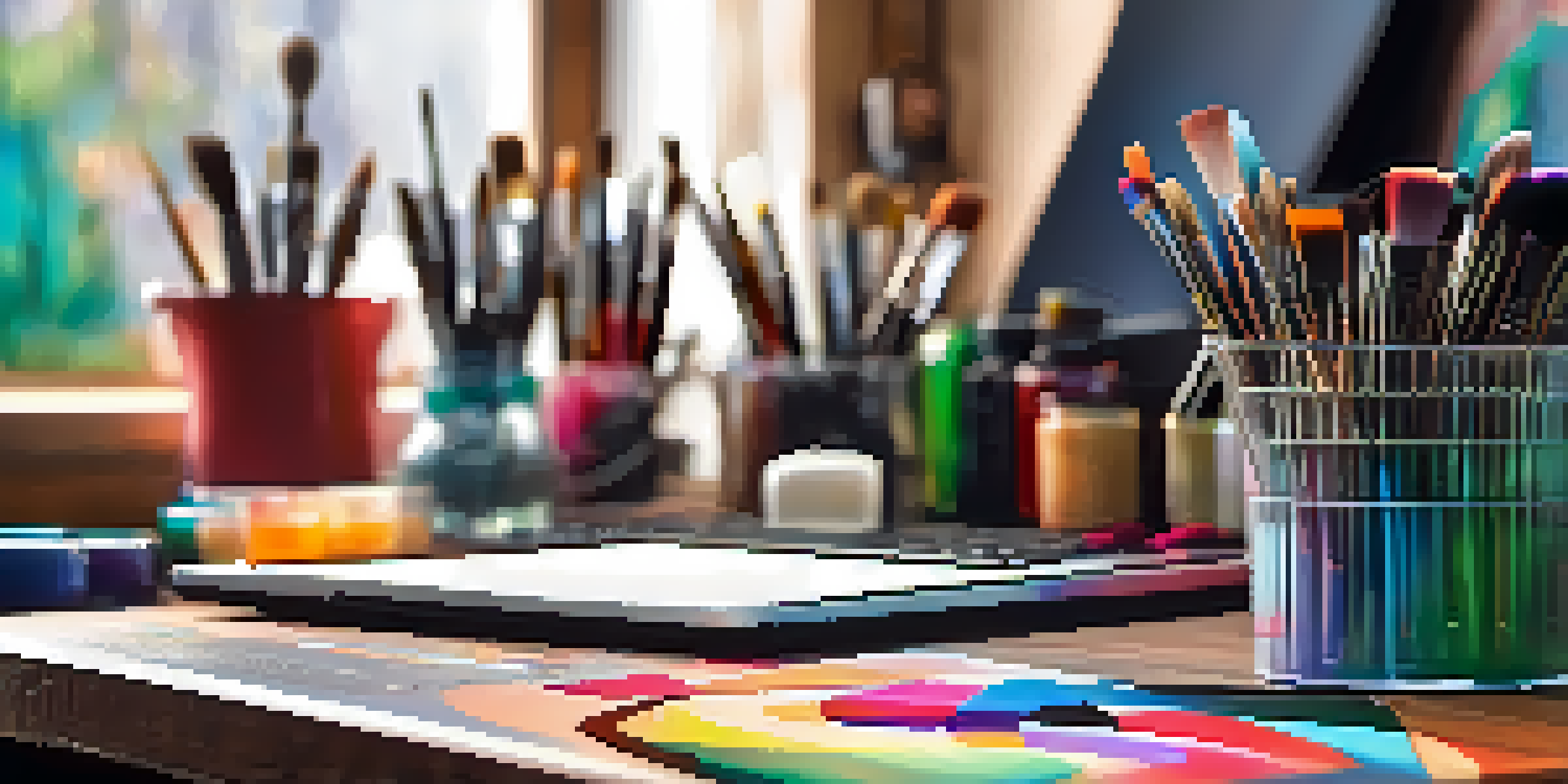 A close-up view of a digital artist's workspace with colorful paints and a graphic tablet showing artwork.