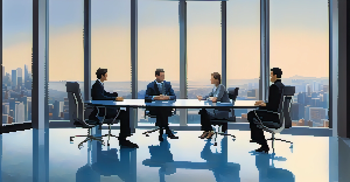 A business negotiation scene with two people at a conference table, one person gesturing confidently and the other listening.