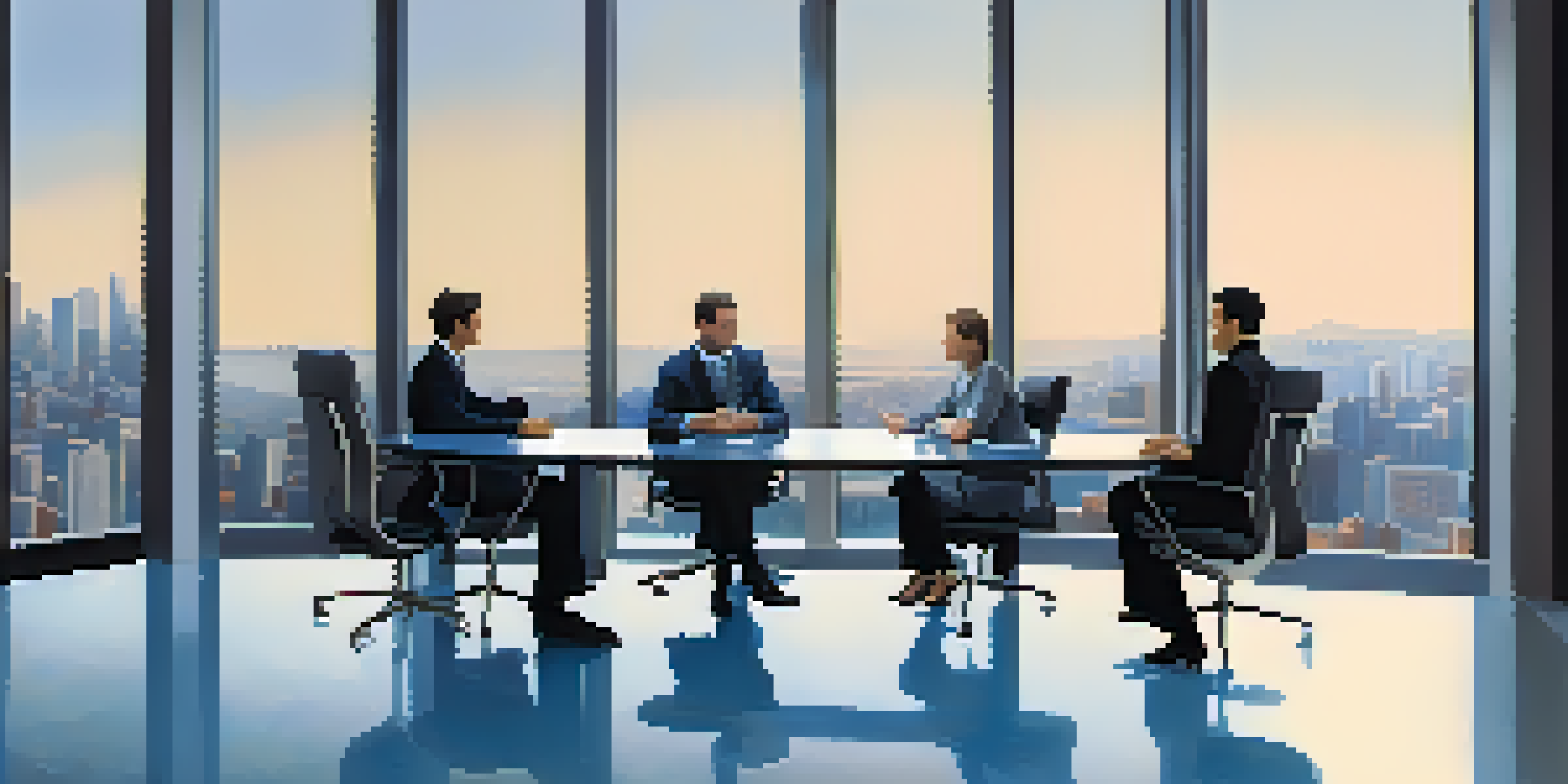 A business negotiation scene with two people at a conference table, one person gesturing confidently and the other listening.