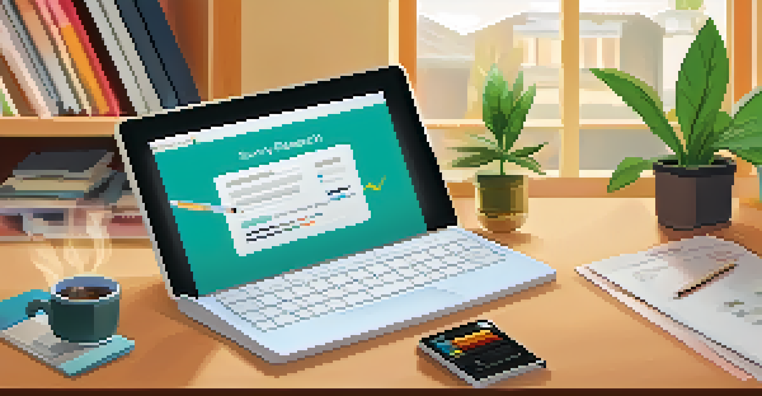 A person filling out a survey form in a cozy home office, with a laptop and coffee cup on the desk.