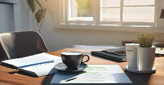 A sales playbook on a wooden desk with a laptop, notepad, and coffee cup, illuminated by sunlight.