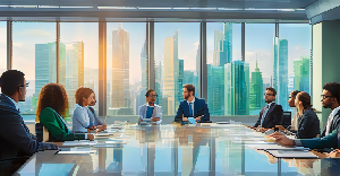 A diverse group of professionals in a modern conference room discussing risk assessment strategies, with a digital risk matrix displayed on a screen.