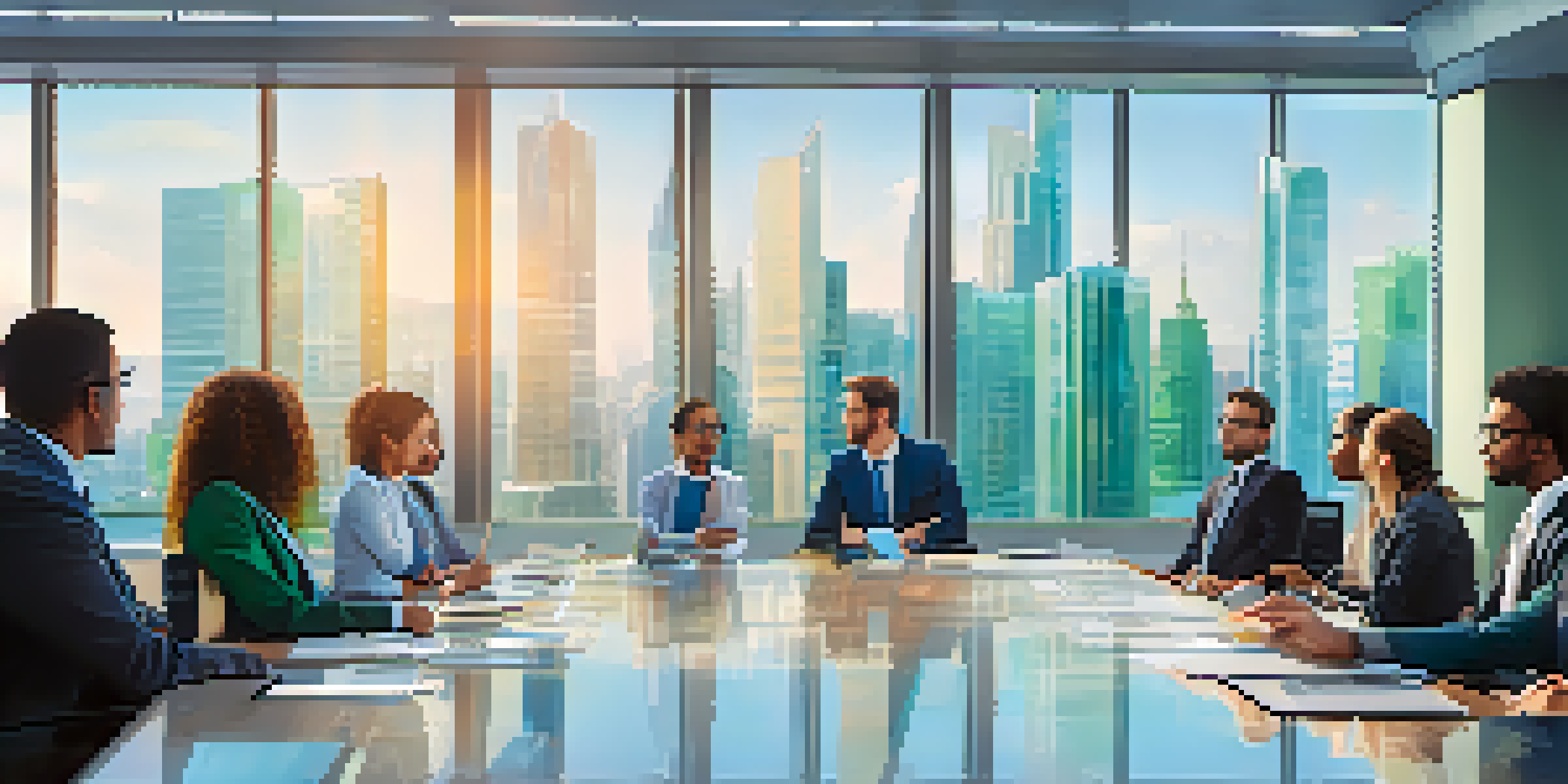 A diverse group of professionals in a modern conference room discussing risk assessment strategies, with a digital risk matrix displayed on a screen.