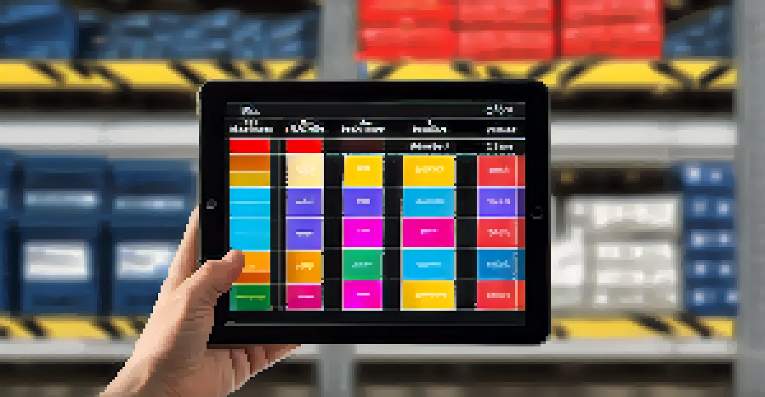 A hand holding a tablet showing a risk matrix chart with a blurred warehouse in the background.