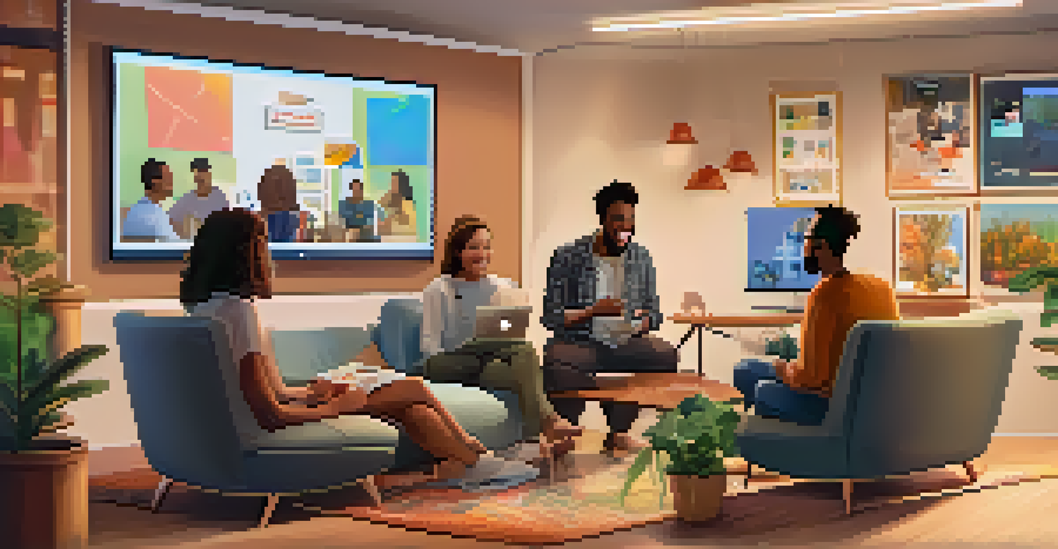 A warm virtual meet-and-greet scene with backers and project creators, showcasing smiles and a cozy atmosphere.