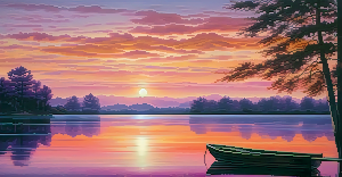 A tranquil sunset over a calm lake with silhouettes of trees and a small wooden boat.