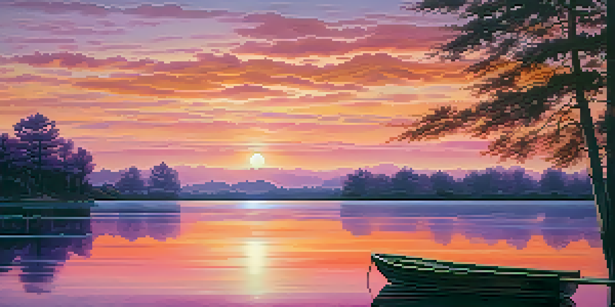 A tranquil sunset over a calm lake with silhouettes of trees and a small wooden boat.