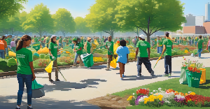 A diverse group of people engaged in a community clean-up event in a sunny park, wearing green t-shirts and picking up litter.