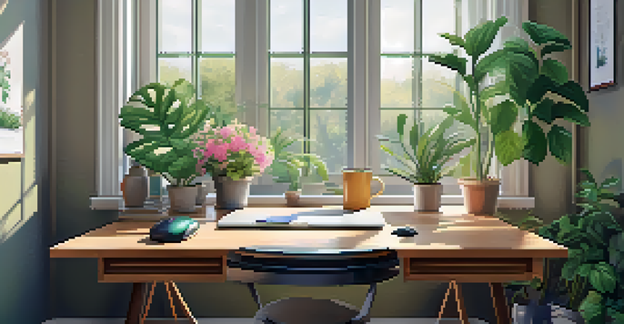 A peaceful home office with a wooden desk, laptop, coffee cup, and plants, illuminated by natural light from a window overlooking a garden.