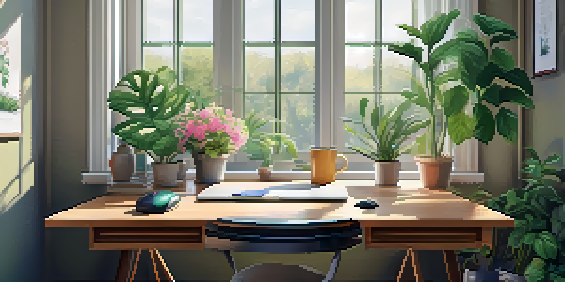 A peaceful home office with a wooden desk, laptop, coffee cup, and plants, illuminated by natural light from a window overlooking a garden.
