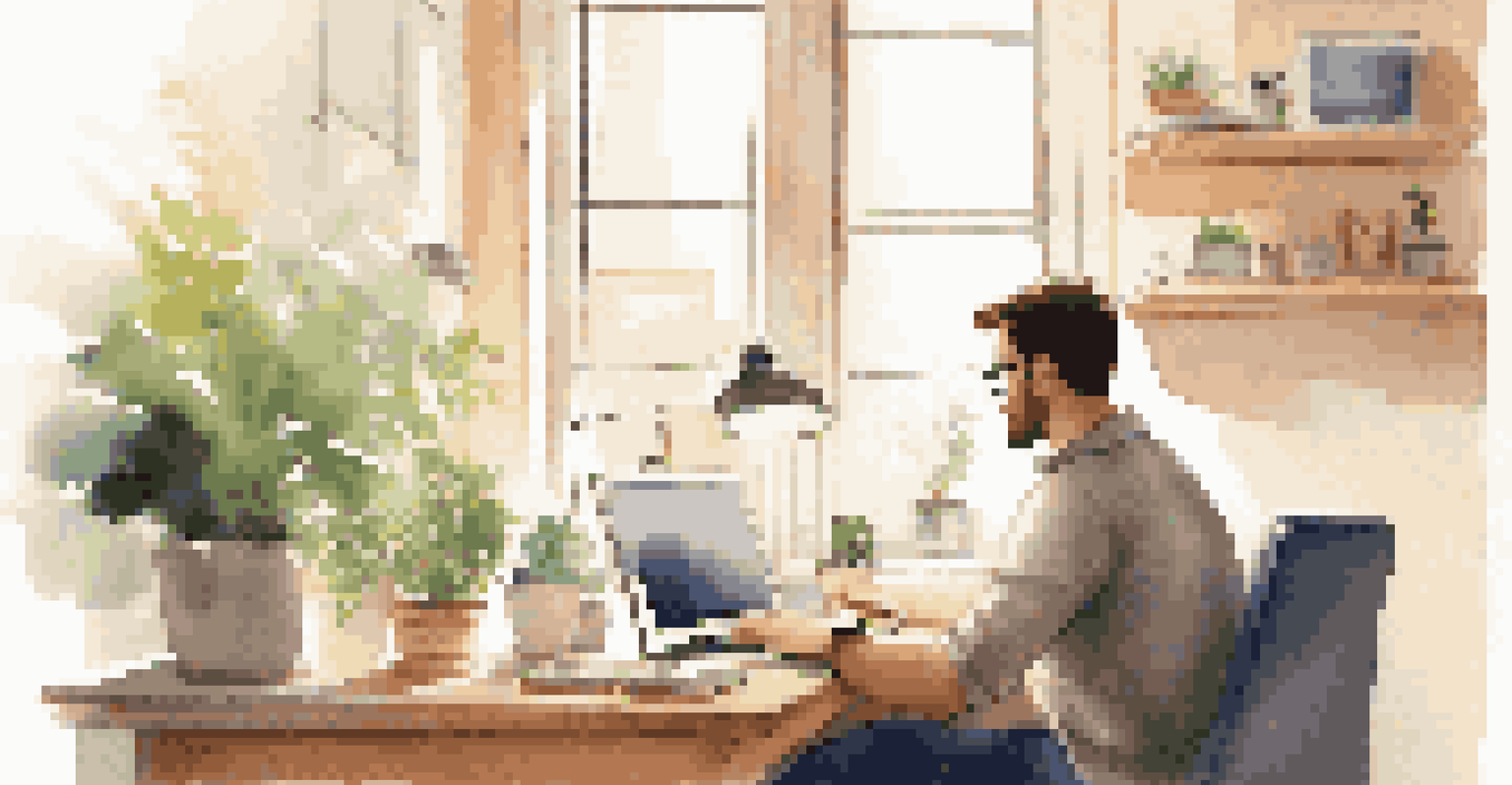 A marketer reviewing customer feedback on a laptop in a cozy workspace with natural lighting.