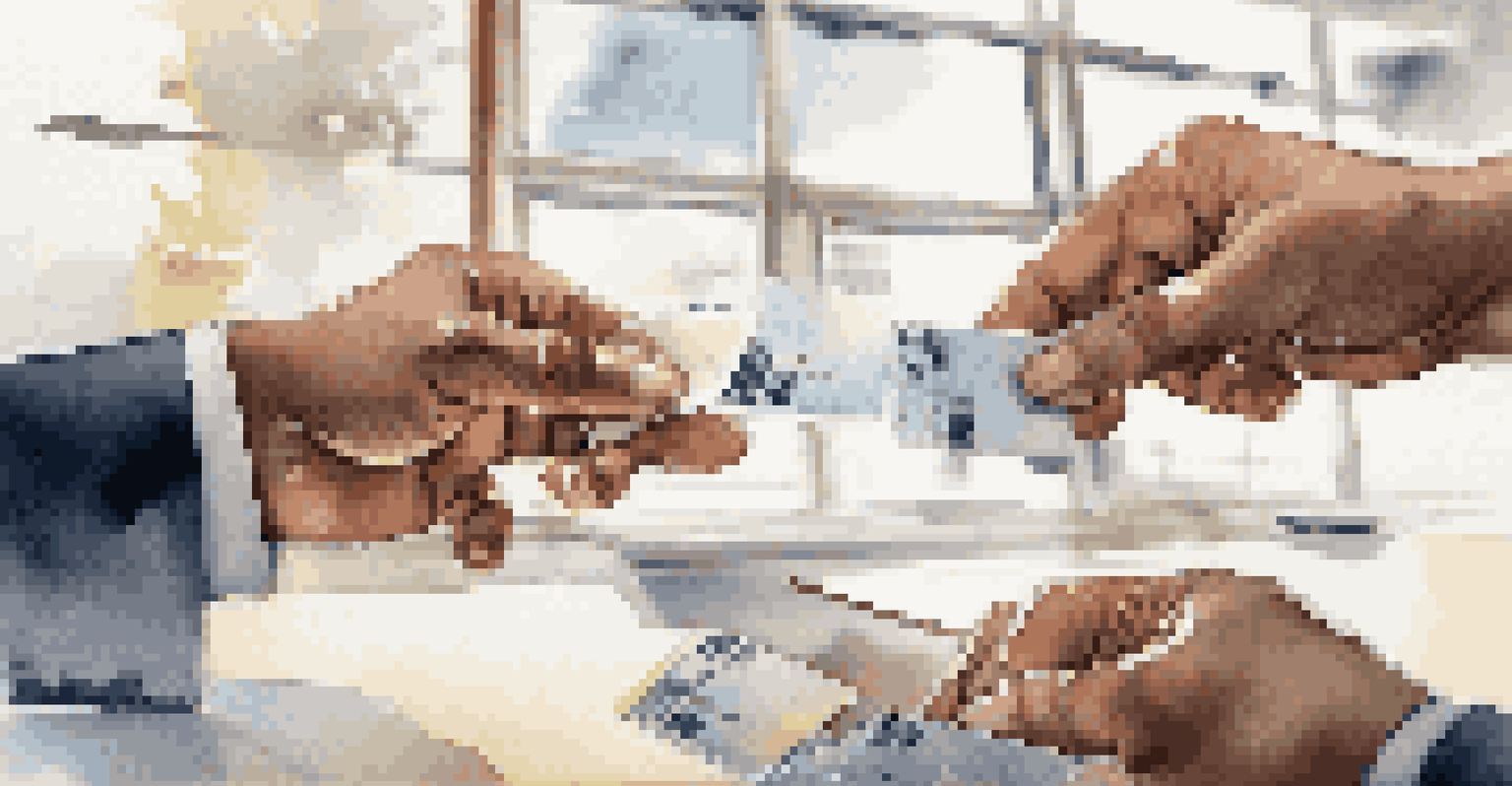 Hands exchanging business cards in a professional setting with a blurred office background.