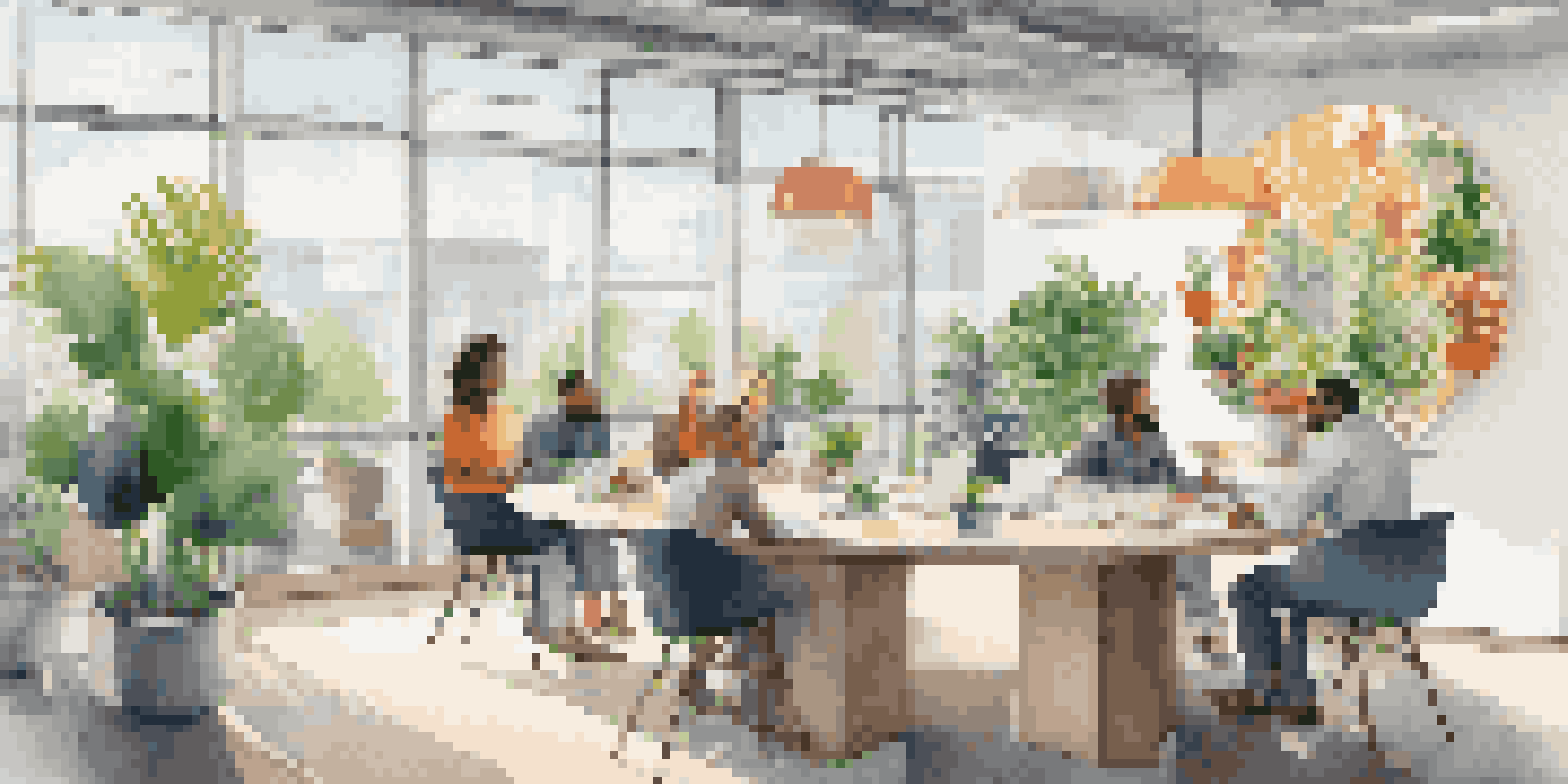 A diverse group of employees in a bright office engaged in a brainstorming session around a circular table with plants and artwork.