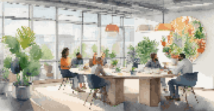 A diverse group of employees in a bright office engaged in a brainstorming session around a circular table with plants and artwork.