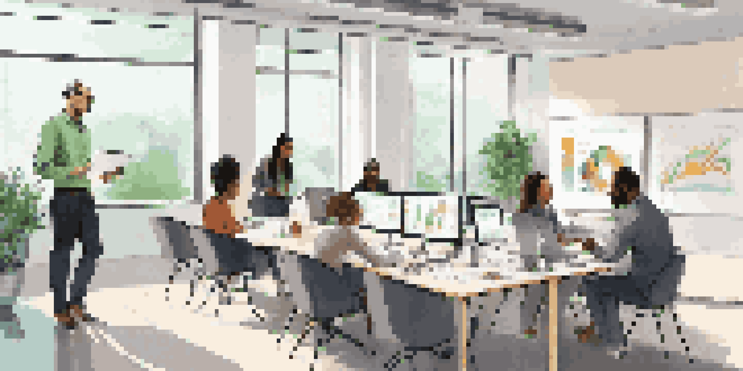 A diverse team in a bright office engaged in a workshop about intellectual property, with charts on the walls and laptops on the table.