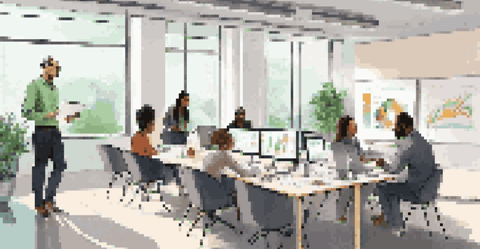 A diverse team in a bright office engaged in a workshop about intellectual property, with charts on the walls and laptops on the table.