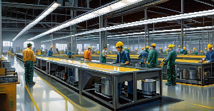 A busy manufacturing floor with workers in safety gear collaborating around a streamlined production line, illuminated by natural light.