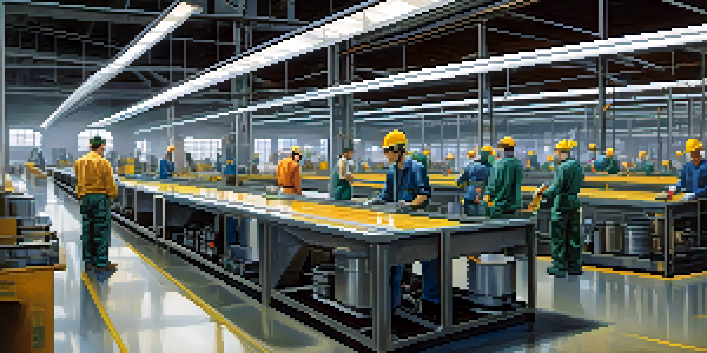 A busy manufacturing floor with workers in safety gear collaborating around a streamlined production line, illuminated by natural light.