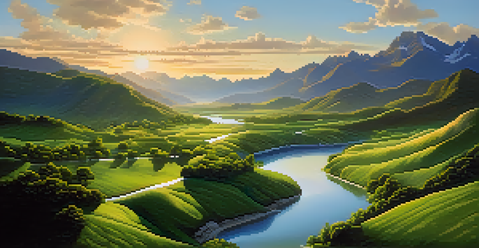 A peaceful river in a green valley with mountains in the background during sunset.