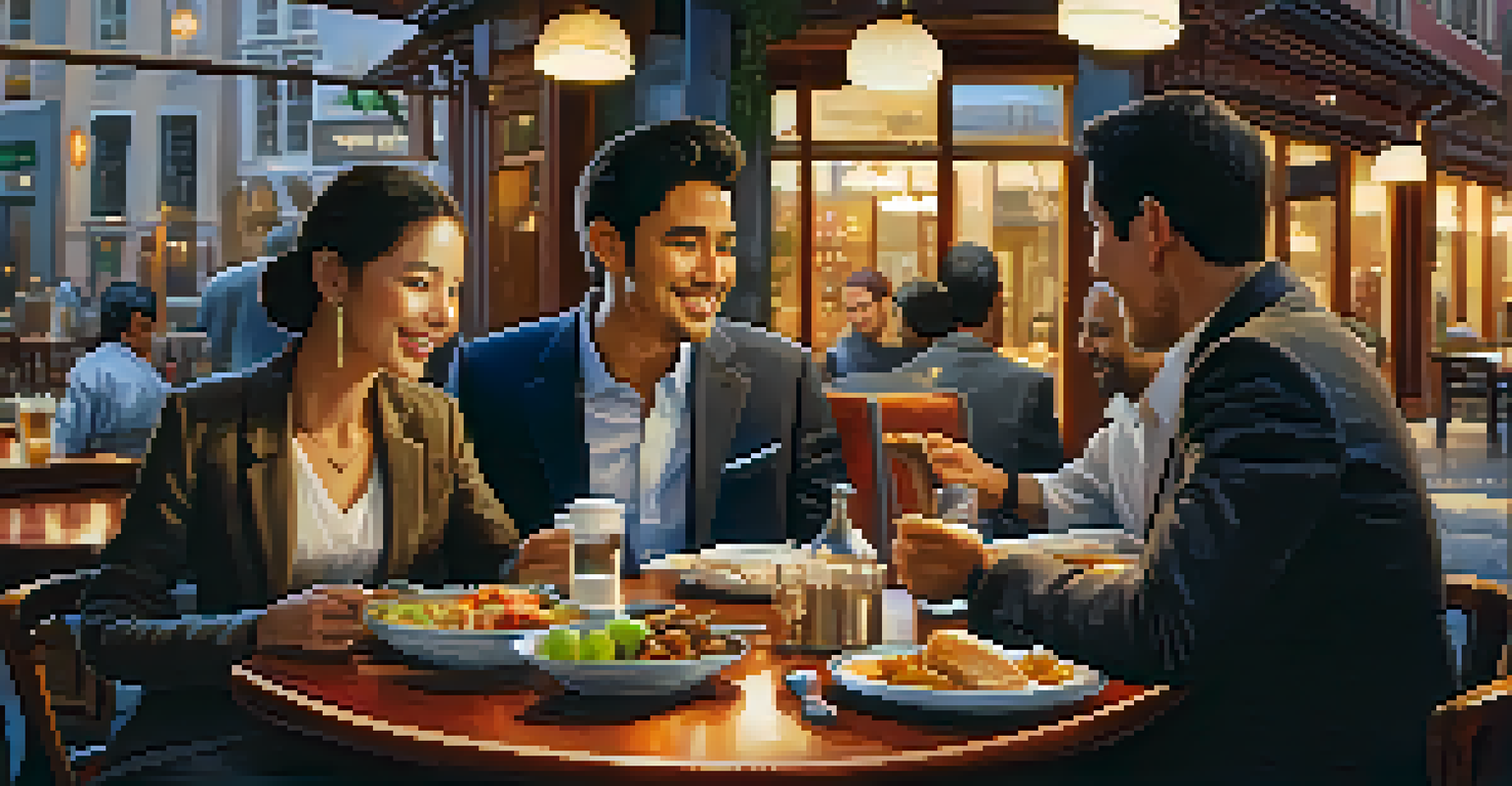 Two business partners from different cultures sharing a meal in a cozy cafe, with traditional dishes on the table and a warm, inviting atmosphere.