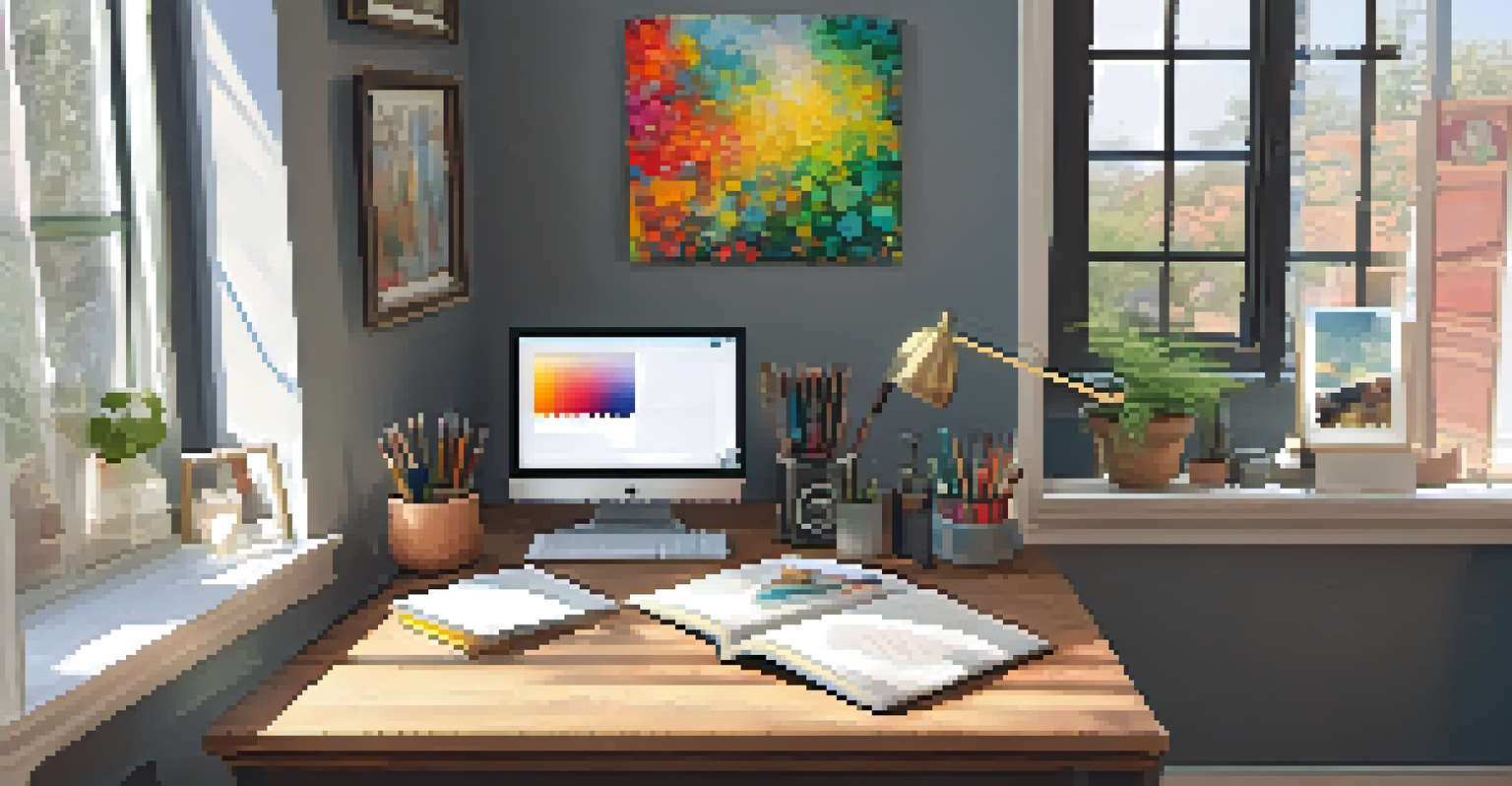 A cozy workspace with a wooden desk, laptop, and art supplies, illuminated by natural light from a window.