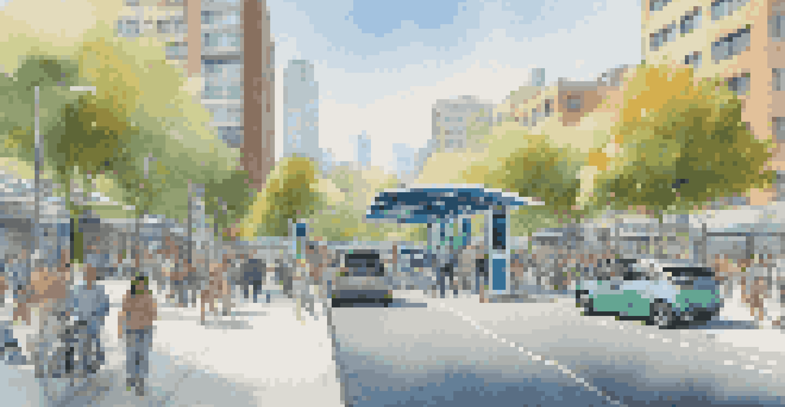 A vibrant urban area with electric vehicle charging stations, pedestrians with smart devices, and green spaces featuring renewable energy technologies.