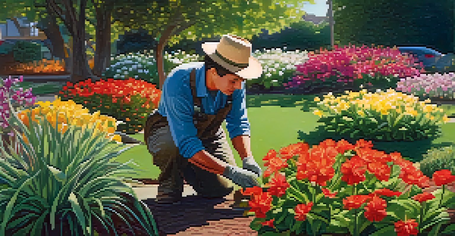 A gardener caring for a colorful flower bed under sunlight, showcasing vibrant blooms and greenery.