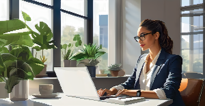 A professional woman working at a modern desk with a laptop and a cup of coffee, surrounded by plants and natural light.