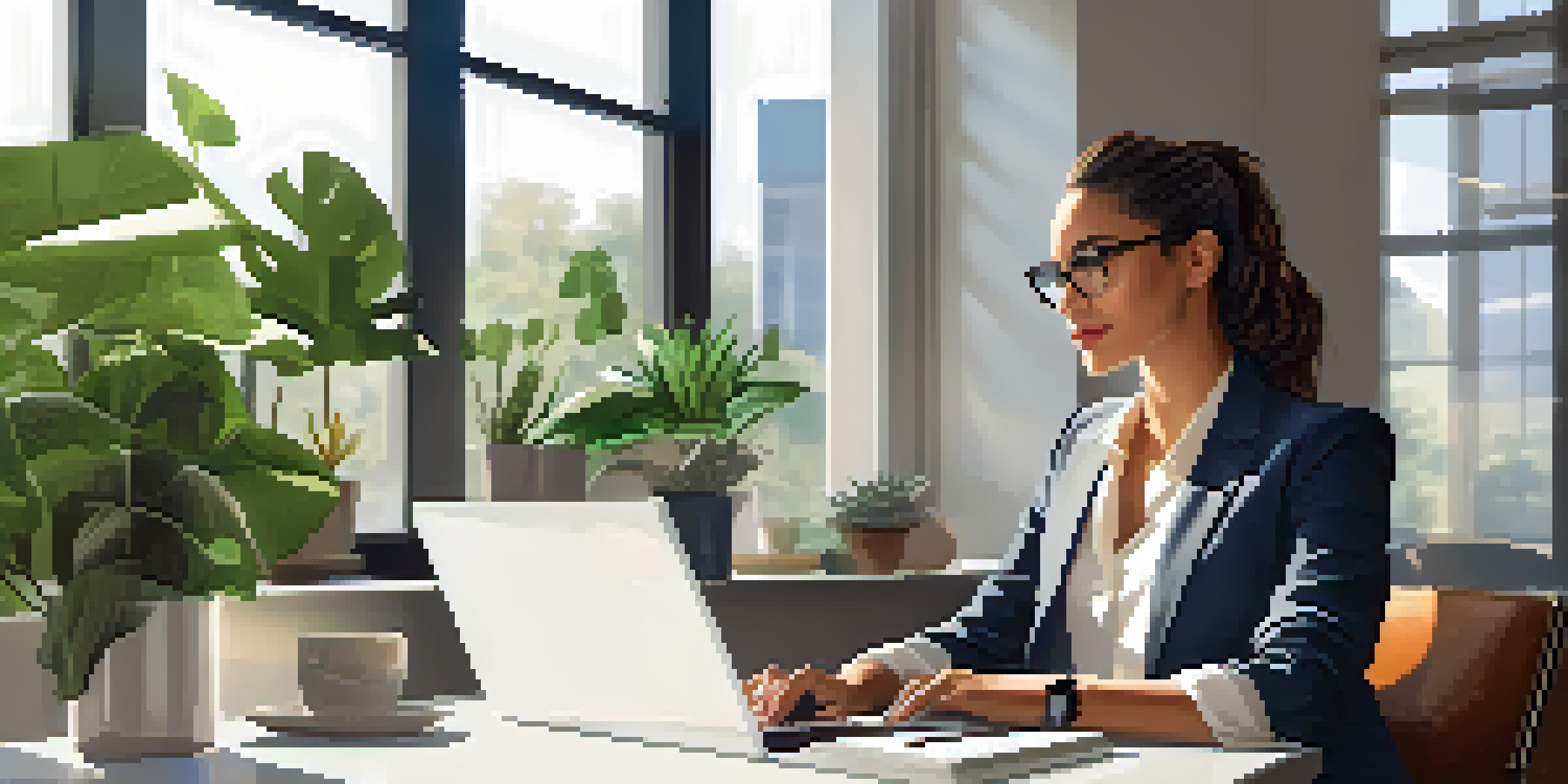 A professional woman working at a modern desk with a laptop and a cup of coffee, surrounded by plants and natural light.