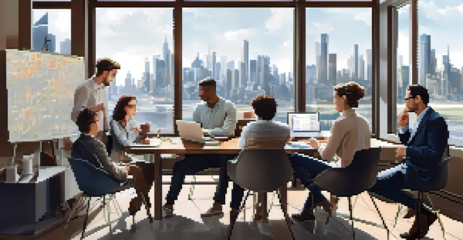 A diverse team of professionals discussing around a table with charts and graphs, in a well-lit room with a cityscape view.