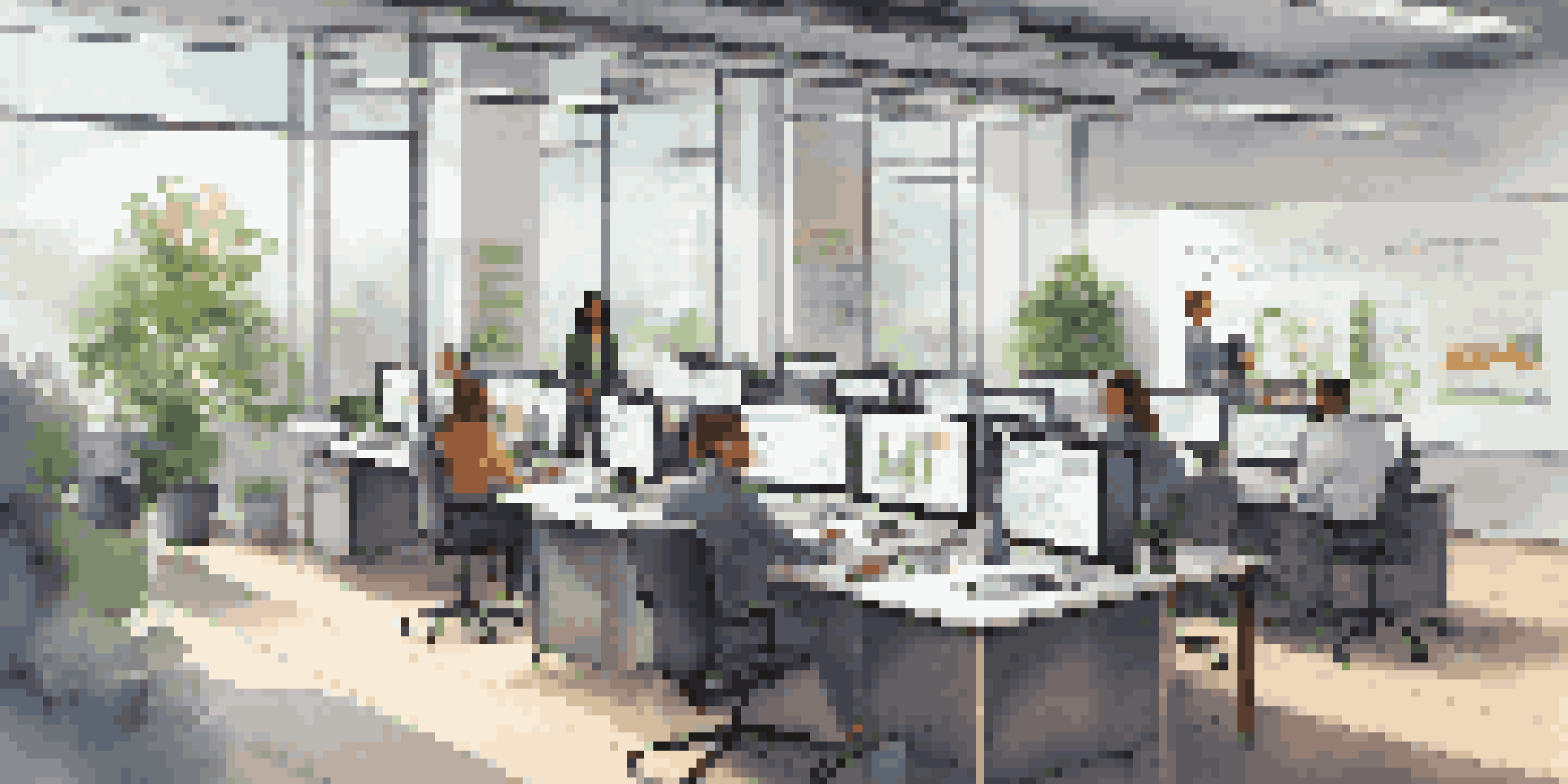 A diverse team working together in a modern office, discussing over laptops and charts, with large windows and motivational quotes on the walls.